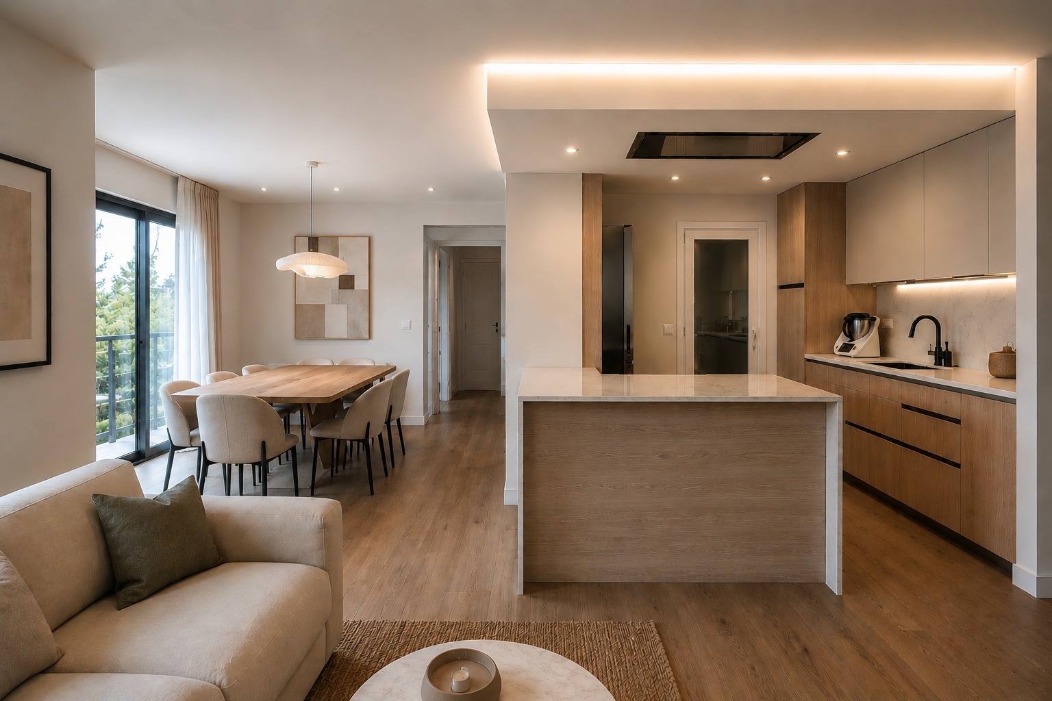 Salón y cocina abiertos reformados por Grupo Arcada Estudio en Barcelona